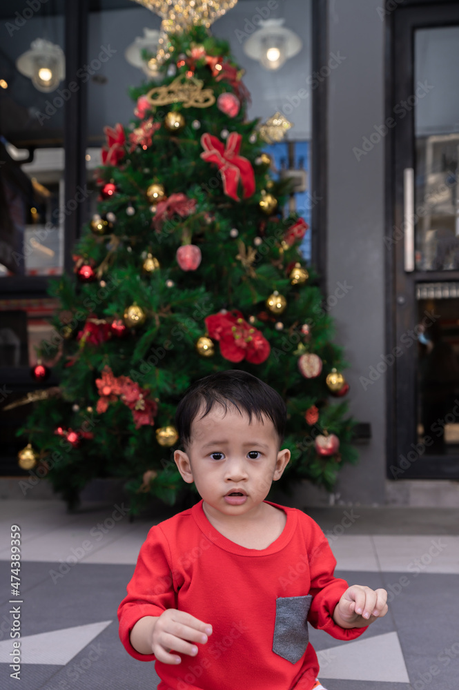 Merry Christmas and happy holidays. Portrait of a funny happy boy. Christmas in COVID 19 Concept Merry Christmas and happy holidays. Portrait of a funny happy boy. Christmas in COVID 19 Concept