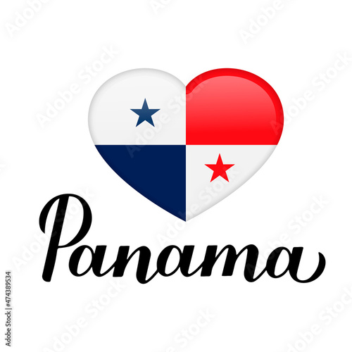 Panama lettering with national flag in heart shape isolated on white background. Vector template for typography poster, postcard, banner, flyer, sticker, t-shirt, etc