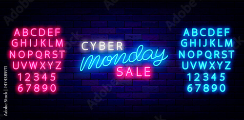 Cyber monday sale neon sign. Luminous emblem with alphabet. Outer glowing effect logo. Isolated vector illustration
