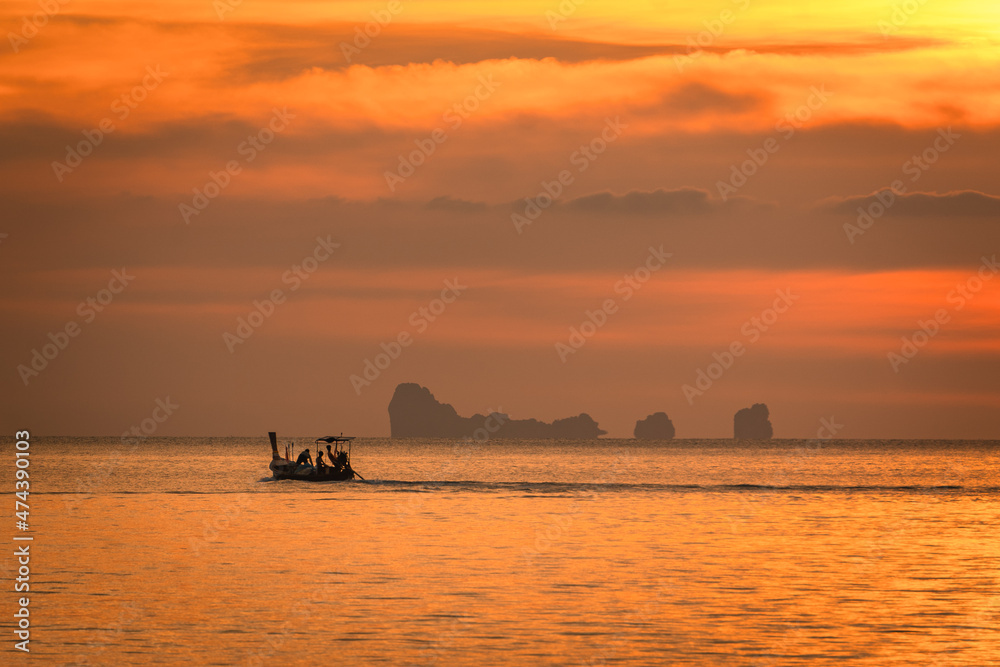fishing boat in the sunset, Koh Lanta island Krabi Thailand