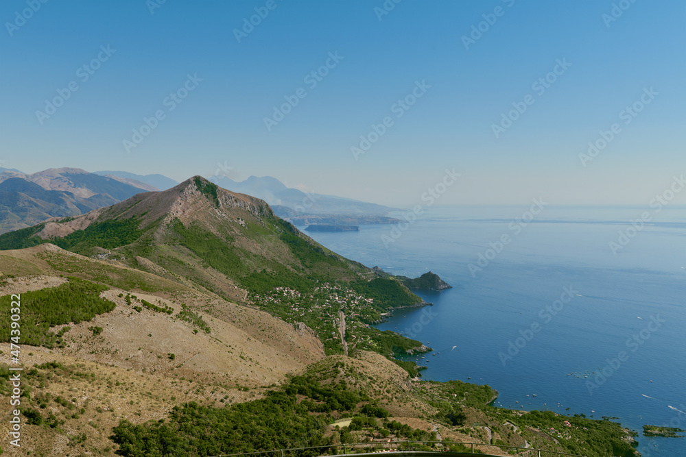 Aerial view of Maratea, coast of Basilicata in Southern Italy. Beautiful mind-bending view of the sea and mountain, ideal landscape for contemplation and meditation. Wallpaper or background of nature