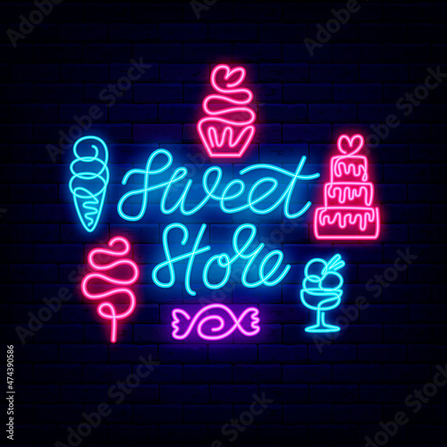 Candy shop neon lettering signboard with icons. One line drawing sweets. Ice cream. Wedding cake. Vector illustration