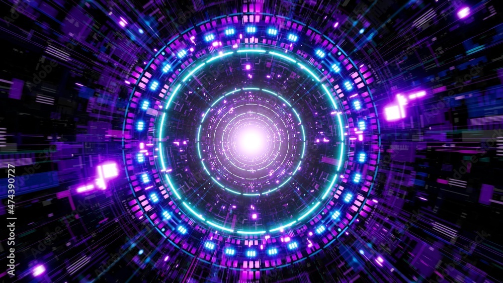 cyber mechanical tunnel with glowing neon lights cyber mechanical tunnel with glowing neon lights