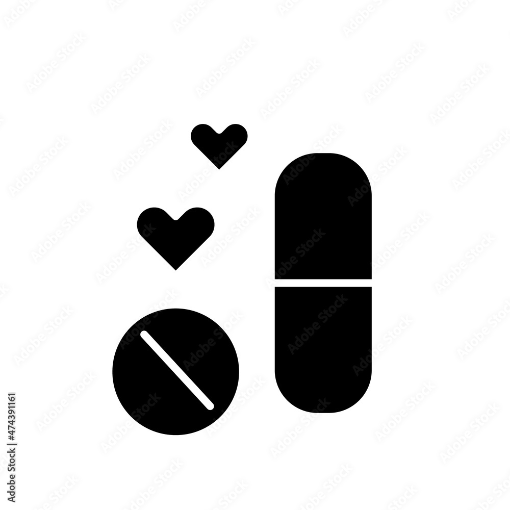 Pills for potency and pheromones glyph icon. Sex shop pharmacology. Black filled symbol. Isolated vector illustration Pills for potency and pheromones glyph icon. Sex shop pharmacology. Black filled symbol. Isolated vector illustration