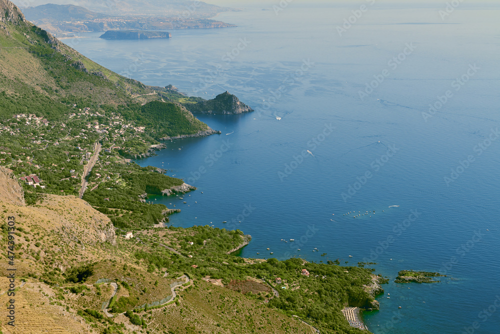 Aerial view of Maratea, coast of Basilicata in Southern Italy. Beautiful mind-bending view of the blue sea, ideal landscape for contemplation and meditation. Wallpaper or background of nature