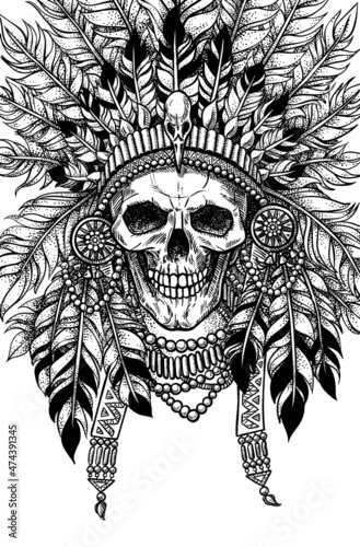 Indian skull with a crown of feathers