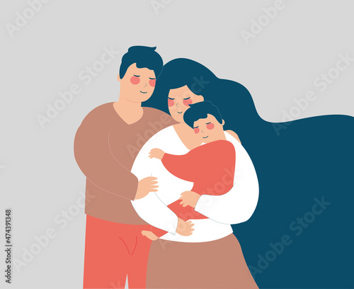 Young couple hug their boy with love and affection. Happy mother and father embrace their child with care. Positive parenting, parents and children, family relationship concept, Vector illustration.