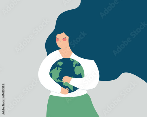 Canvas Print Adult woman embraces the earth or globe with care