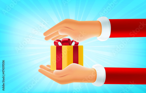 Santa Claus giving gift box with red ribbon. 3d vector illustration