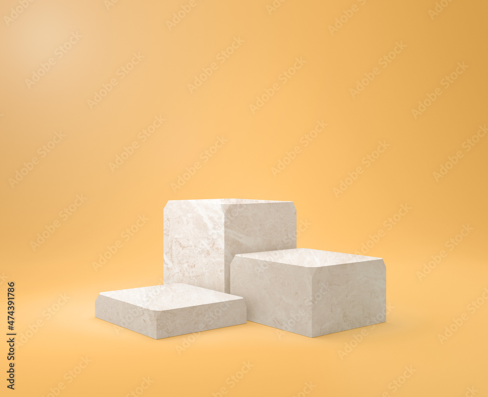 Marble pedestals or podiums with gold frames and decoration. Platform or podium for product photography.