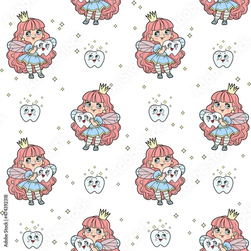 Seamless pattern from cute cartoon little fairy girl holding a baby tooth in hands and cute tooth