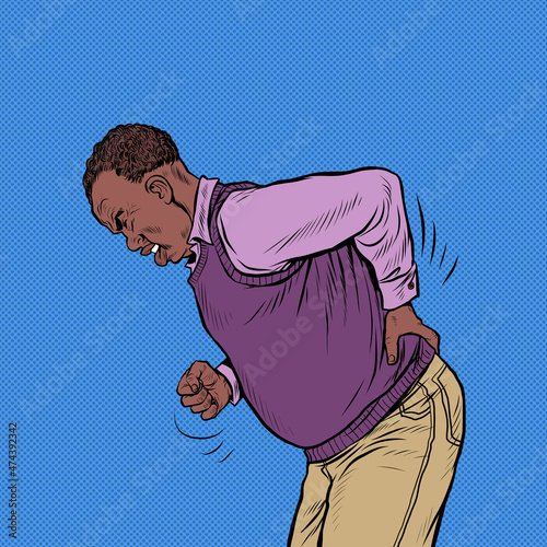african elderly man back pain, osteochondrosis hernia sprain sciatica and other diseases of the spine and internal organs
