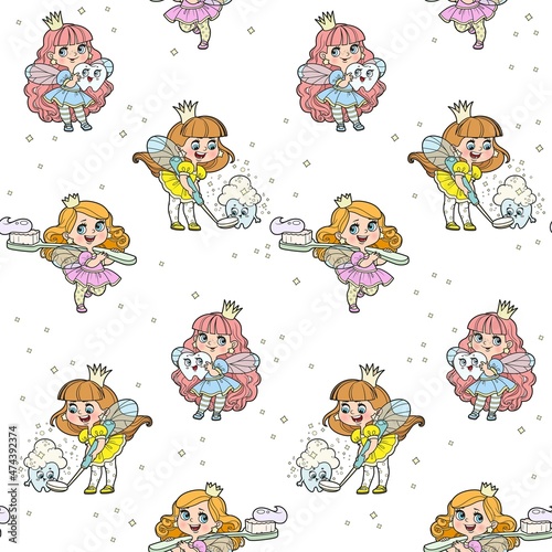 Seamless pattern from cute cartoon little fairy girls with a baby tooth