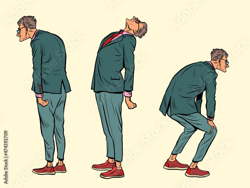 A businessman is looking at something, the pose of a man in a suit. Interest reading announcement