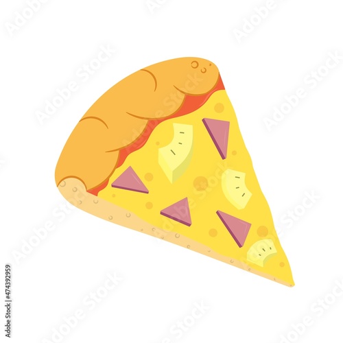 Cartoon slice of pizza with pineapple and ham (Hawaiian pizza). Hawaiian pizza icon for design, logo and web.