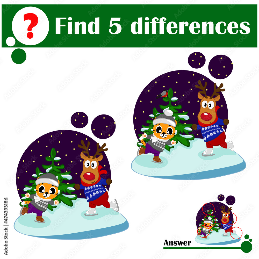 Fototapeta premium Cheerful funny animals tiger and deer in forest on ice rink. Find 5 differences. Game for children