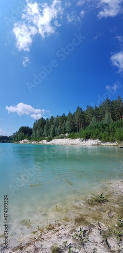Trees grow on the banks of the turquoise lake