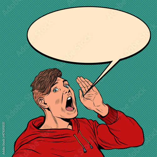 a young man shouts an announcement of pop art, advertising template poster style