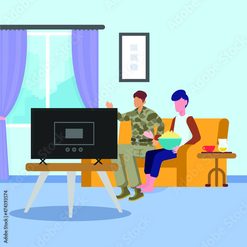 A soldier and his wife are watching television together while eating snacks in front of the television. Vector colorful Illustration. Illustrator. Vector. Soldier. Military. Watching.
