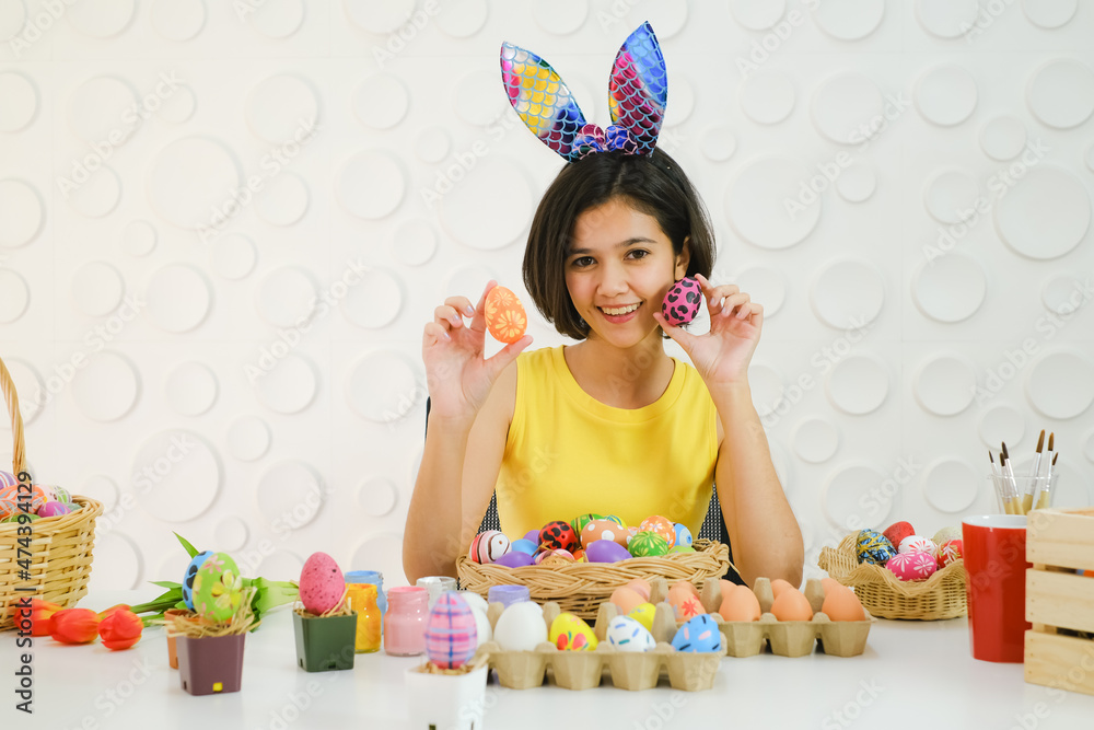 Portrait beautiful young asia girl with painted eggs, Happy easter day Portrait beautiful young asia girl with painted eggs, Happy easter day