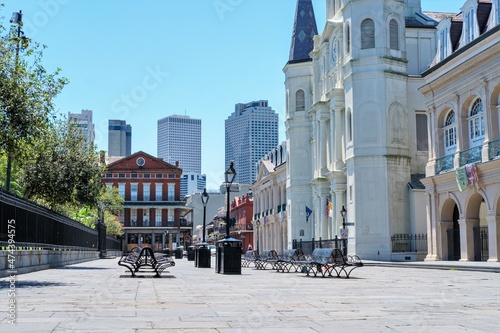 Empty Jackson Square in front of St. Louis Cathedral in the French Quarter photo