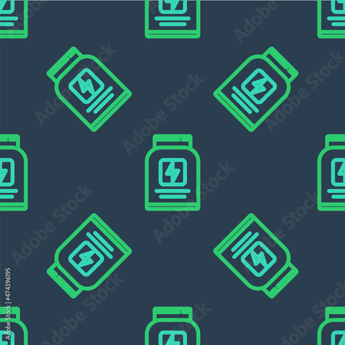 Line Sports nutrition bodybuilding proteine power drink and food icon isolated seamless pattern on blue background. Vector