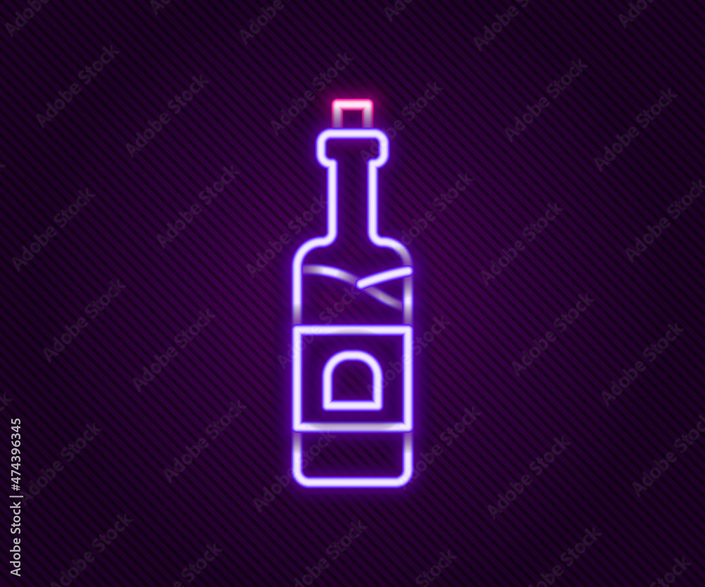 Glowing neon line Bottle of wine icon isolated on black background. Colorful outline concept. Vector Glowing neon line Bottle of wine icon isolated on black background. Colorful outline concept. Vector