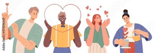 Set of people giving and sharing love, donating. Concept of assistance,care, philanthropy and support. Man and woman holding hearts. Colored flat illustration isolated on white background 
