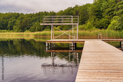 Bathing jetty and jumptower at the Passower See (Lake Passow), Mecklenburg-Western Pomerania, Germany photo