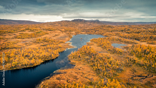 Blue lake and mountains with yellow trees in autumn along the scenic Wilderness Road in Lapland in Sweden from above.