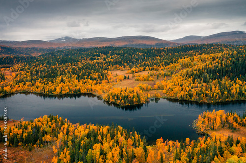 Blue lake and mountains with coloured trees in autumn along the scenic Wilderness Road in Jämtland in Sweden from above.