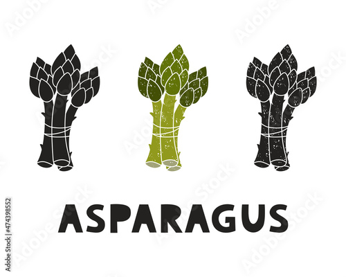 Bunch of asparagus, silhouette icons set with lettering. Imitation of stamp, print with scuffs. Simple black shape and color vector illustration. Hand drawn isolated elements on white background
