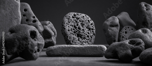 Photography Black stone product display podium on black background. Mockup.
