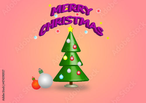 Świąteczna bożonarodzeniowa choinka przystrojona kolorowymi bombkami, z umieszczoną na szczycie gwiazdą i napisem "Merry christmas"