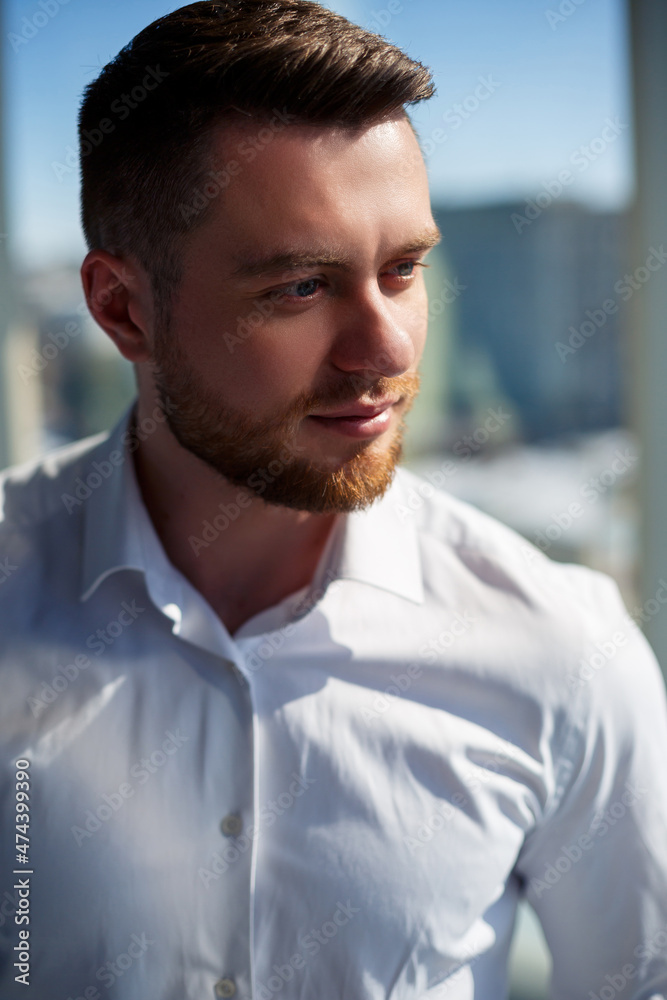 Confident businessman, boss man standing in modern office, successful leader, business owner thinking about future success, planning new opportunities Confident businessman, boss man standing in modern office, successful leader, business owner thinking about future success, planning new opportunities