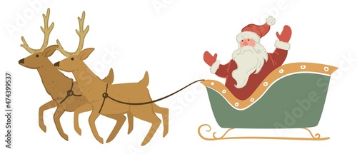 Santa Claus in sleigh with reindeers waving hand