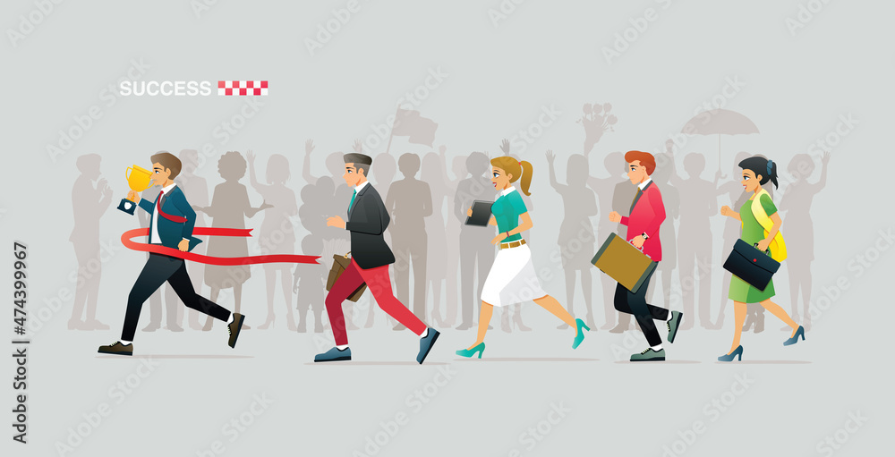 Business men and women running for success against a gray background.