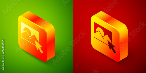 Isometric Photo retouching icon isolated on green and red background. Photographer, photography, retouch icon. Square button. Vector