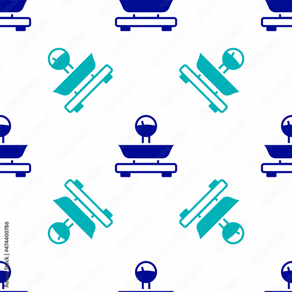Obraz premium Blue Scales icon isolated seamless pattern on white background. Weight measure equipment. Vector