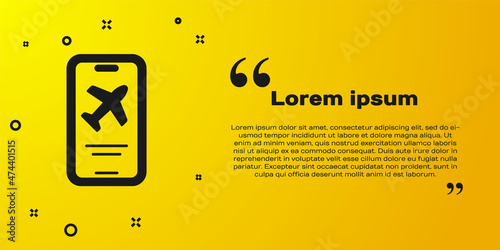 Black Smartphone with electronic boarding pass airline ticket icon isolated on yellow background. Passenger plane mobile ticket for web and app. Vector
