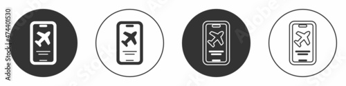 Black Smartphone with electronic boarding pass airline ticket icon isolated on white background. Passenger plane mobile ticket for web and app. Circle button. Vector