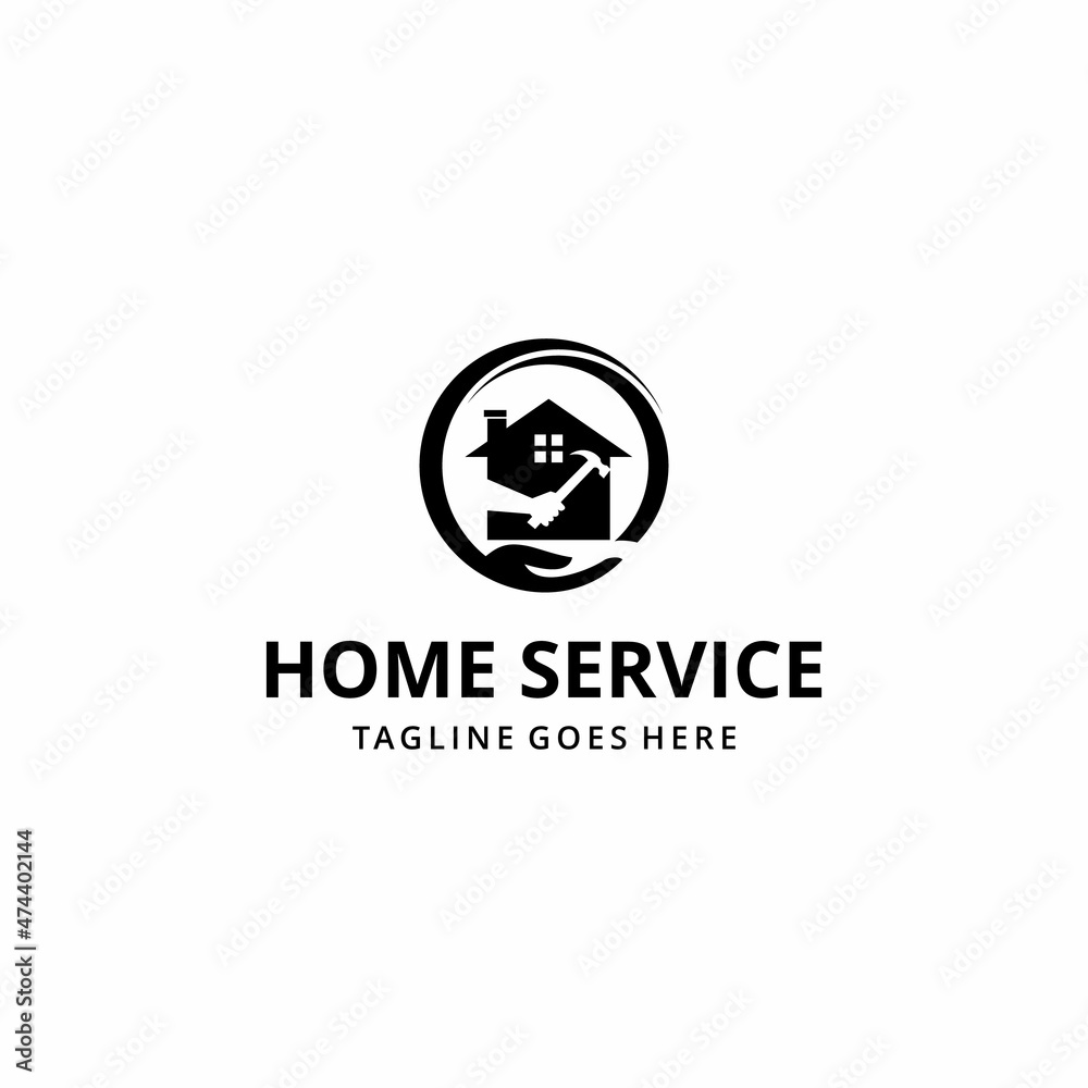 Abstract illustration of house and hammer with circular hands, Real estate Vector Inspiration Design Logo