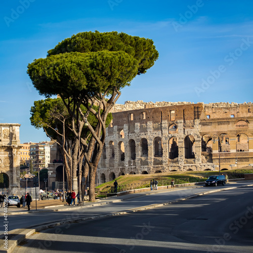  A view of the Colosseum, originally known as the Flavian Amphitheater,  as seen from the Celio Vibenna street, Rome, Italy photo