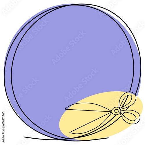 Round lilac frame with an empty place for insertion, for needlework, golden scissors, one-line drawing, emblem icon