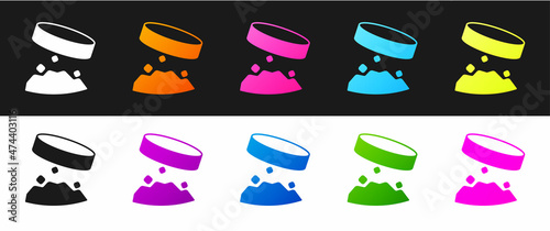 Set Giant magnet holding iron dust icon isolated on black and white background. Vector