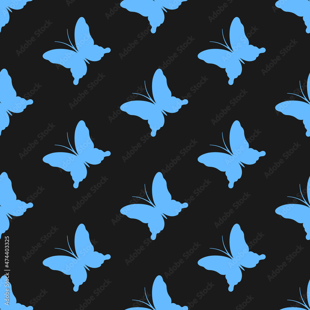 Blue butterflies on black background seamless pattern. Best for textile, print, wrapping paper, package and home decoration. Blue butterflies on black background seamless pattern. Best for textile, print, wrapping paper, package and home decoration.