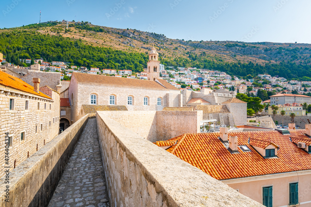 Ancient stone wall of Dubrovnik Old Town, stunning fortification system. The world famous and most visited historic city of Croatia, UNESCO World Heritage site