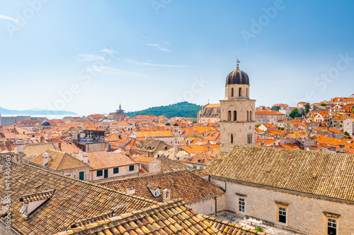 Aerial panoramic view of old city Dubrovnik. Ancient city with big city walls near adriatic sea. View of roofs, sunny summer day.