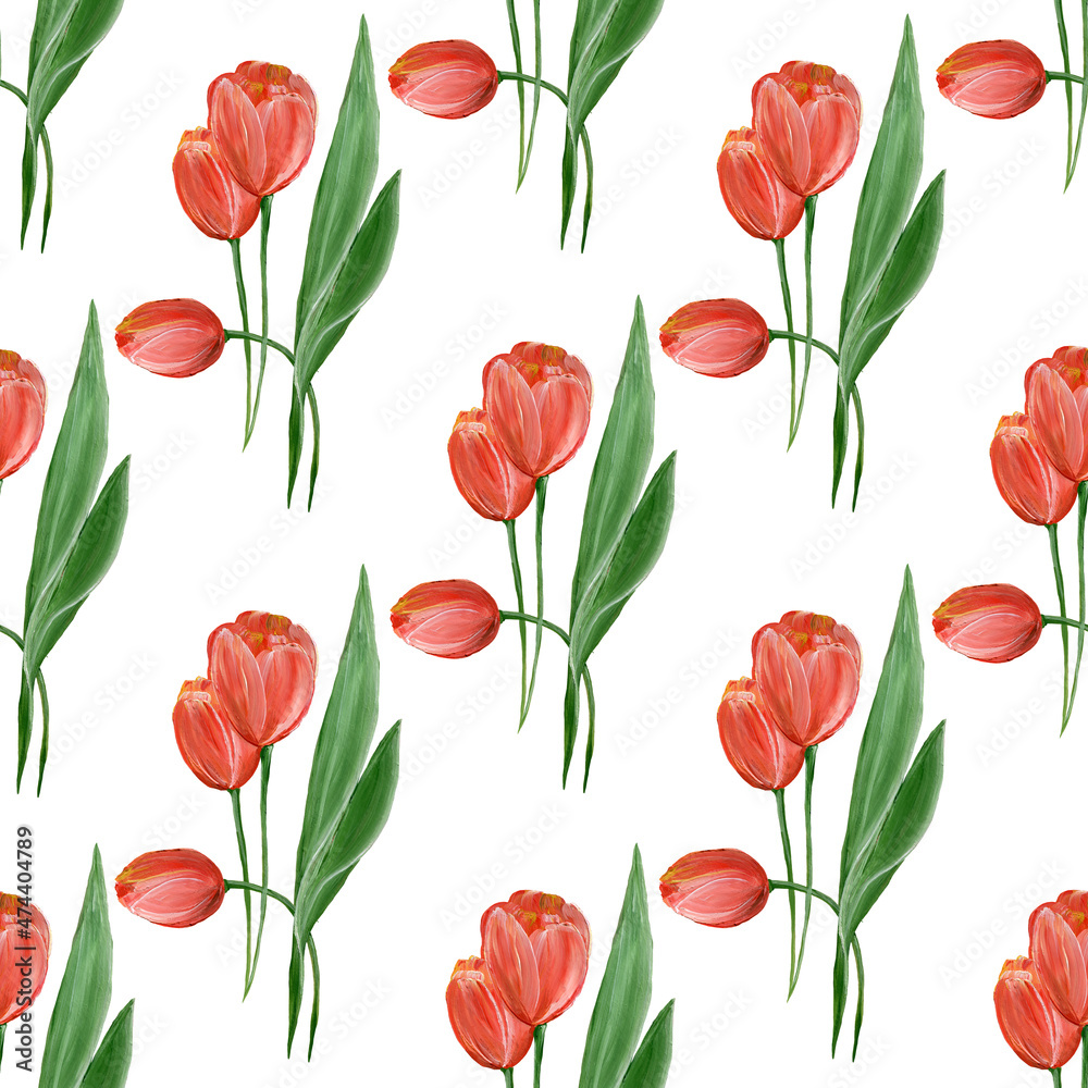 Red tulips with green leaves on a white background. Floral seamless pattern. Watercolor illustration. For the design of postcards, textiles, gift wrapping.
