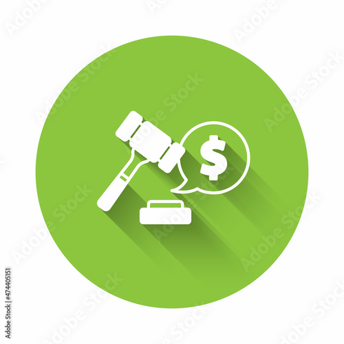 White Auction hammer price icon isolated with long shadow background. Gavel - hammer of judge or auctioneer. Bidding process, deal done. Auction bidding. Green circle button. Vector